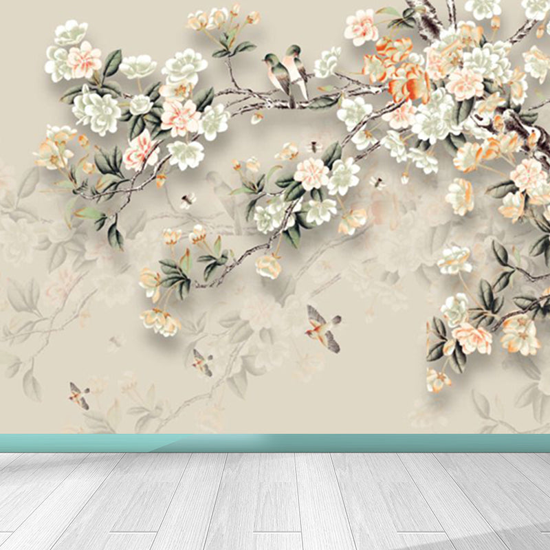 Blossoming Flower Branch Mural Decal Beige Modern Style Wall Art for Girls Bedroom Beige Clearhalo 'Wall Decor' 'Wall Mural' 1698020