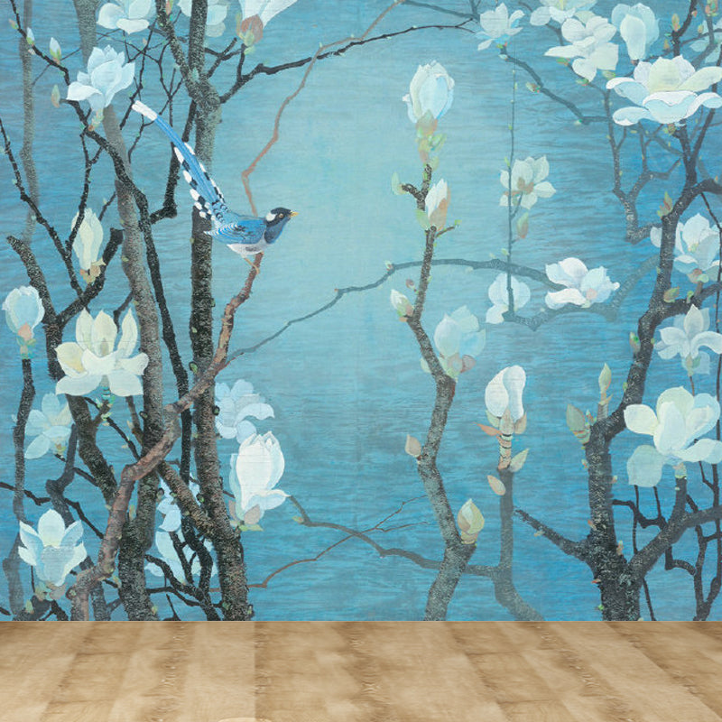 Blooming Magnolia Wallpaper Mural Modern Waterproof Bedroom Wall Decor, Custom Size Blue Clearhalo 'Wall Decor' 'Wall Mural' 1698025