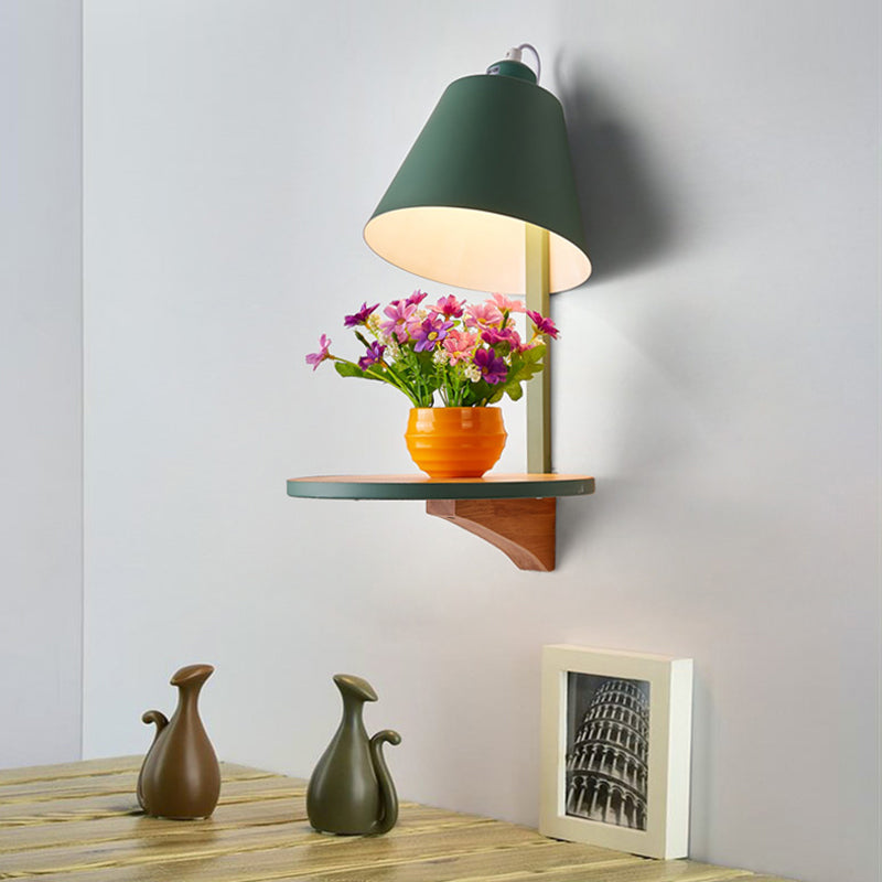 White/Gray Tapered Shade Wall Sconce Lamp Nordic Style 1-Light Metal Wall Lighting with Wooden Supporter Green Clearhalo 'Cast Iron' 'Glass' 'Industrial' 'Modern wall lights' 'Modern' 'Tiffany' 'Traditional wall lights' 'Wall Lamps & Sconces' 'Wall Lights' Lighting' 169804