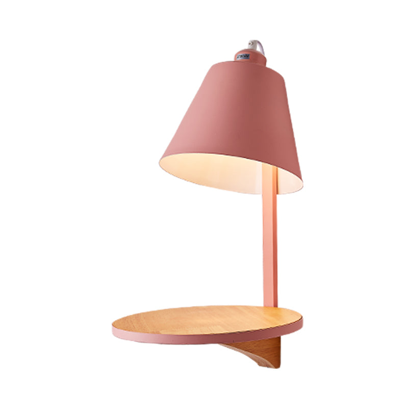 White/Gray Tapered Shade Wall Sconce Lamp Nordic Style 1-Light Metal Wall Lighting with Wooden Supporter Pink Clearhalo 'Cast Iron' 'Glass' 'Industrial' 'Modern wall lights' 'Modern' 'Tiffany' 'Traditional wall lights' 'Wall Lamps & Sconces' 'Wall Lights' Lighting' 169812