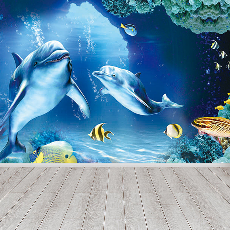 Undersea World Scene Mural Decal Children's Art Non-Woven Textured Wall Decor in Blue Clearhalo 'Wall Decor' 'Wall Mural' 1698261