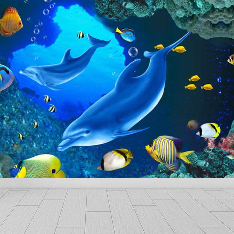 Underwater Scenery Mural Decal Dark Blue Kids Style Wall Covering for Children Room Dark Blue Design 1 Clearhalo 'Wall Decor' 'Wall Mural' 1698289