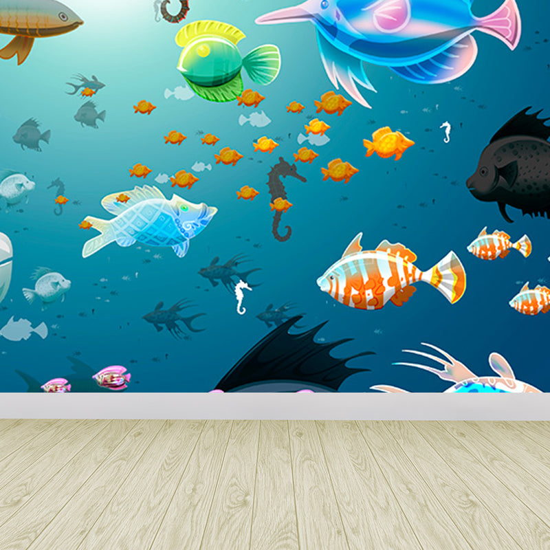 Underwater Scenery Mural Decal Dark Blue Kids Style Wall Covering for Children Room Clearhalo 'Wall Decor' 'Wall Mural' 1698300