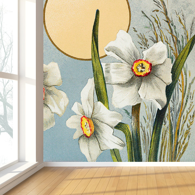 White Blossom and Sun Mural Wallpaper Florentine Contemporary Stain-Proof Wall Art White Clearhalo 'Wall Decor' 'Wall Mural' 1698449