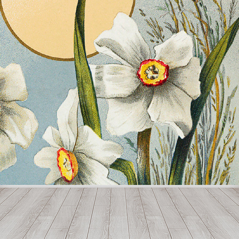 White Blossom and Sun Mural Wallpaper Florentine Contemporary Stain-Proof Wall Art Clearhalo 'Wall Decor' 'Wall Mural' 1698451