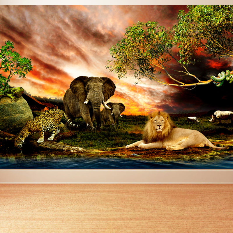 Tropics Riverside Savanna Animals Mural Brown Sunset Glow Wall Art for Living Room Brown Clearhalo 'Wall Decor' 'Wall Mural' 1698554