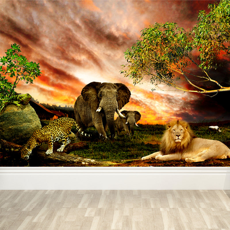 Tropics Riverside Savanna Animals Mural Brown Sunset Glow Wall Art for Living Room Clearhalo 'Wall Decor' 'Wall Mural' 1698555