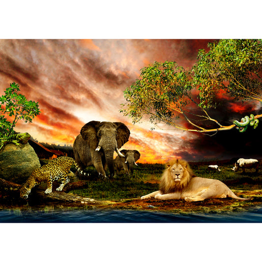 Tropics Riverside Savanna Animals Mural Brown Sunset Glow Wall Art for Living Room Clearhalo 'Wall Decor' 'Wall Mural' 1698557