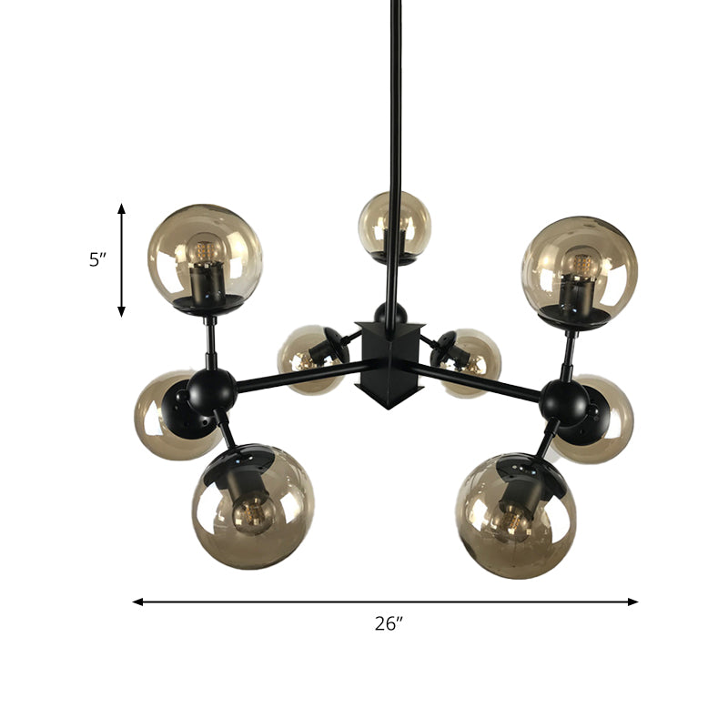 9 Lights Chandelier Lighting Nordic Black Hanging Light with Globe Cranberry Glass Shade Clearhalo 'Ceiling Lights' 'Chandeliers' 'Glass shade' 'Glass' 'Modern Chandeliers' 'Modern' Lighting' 169863