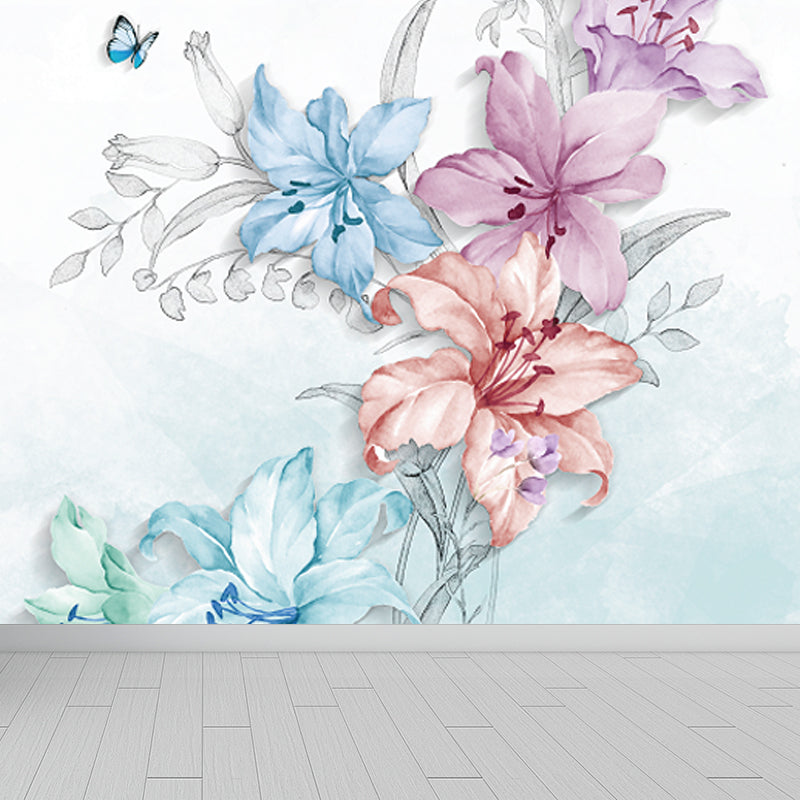 Stylish Blooming Lilies Wallpaper Mural Blue and Pink Flower Wall Decor for Bedroom Blue Clearhalo 'Wall Decor' 'Wall Mural' 1698738