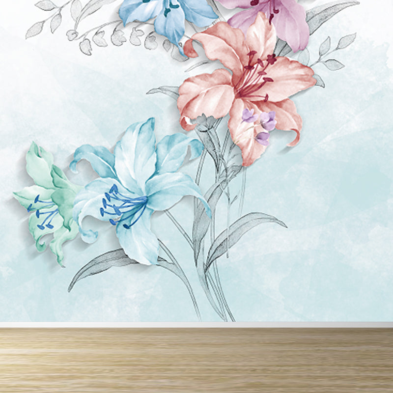 Stylish Blooming Lilies Wallpaper Mural Blue and Pink Flower Wall Decor for Bedroom Clearhalo 'Wall Decor' 'Wall Mural' 1698739