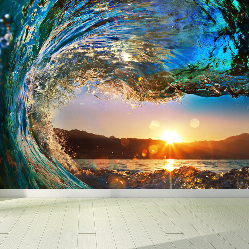 Surge and Sunset View Mural Decal Tropical Non-Woven Material Wall Art in Blue for Home Clearhalo 'Wall Decor' 'Wall Mural' 1699131