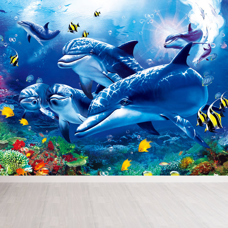 Tropical Ocean Animals Wall Mural Blue Water-Proof Wall Decor for House Interior Blue Design 2 Clearhalo 'Wall Decor' 'Wall Mural' 1699164