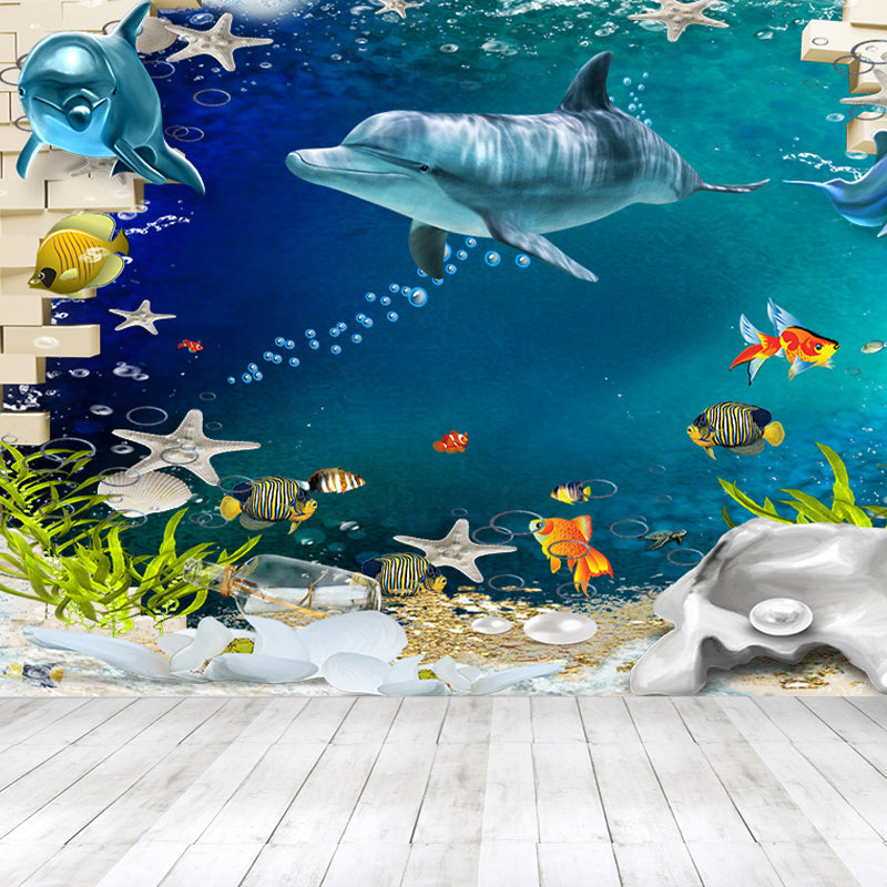 Tropical Ocean Animals Wall Mural Blue Water-Proof Wall Decor for House Interior Blue Design 4 Clearhalo 'Wall Decor' 'Wall Mural' 1699174