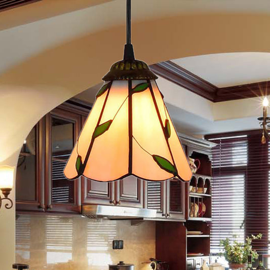 6.5"/12"/16" W Tiffany-Style Cone Pendulum Light 1 Head Handcrafted Art Glass Suspension Lamp in Beige Beige 6.5" Clearhalo 'Ceiling Lights' 'Industrial' 'Middle Century Pendants' 'Pendant Lights' 'Pendants' 'Tiffany close to ceiling' 'Tiffany Pendants' 'Tiffany' Lighting' 169918