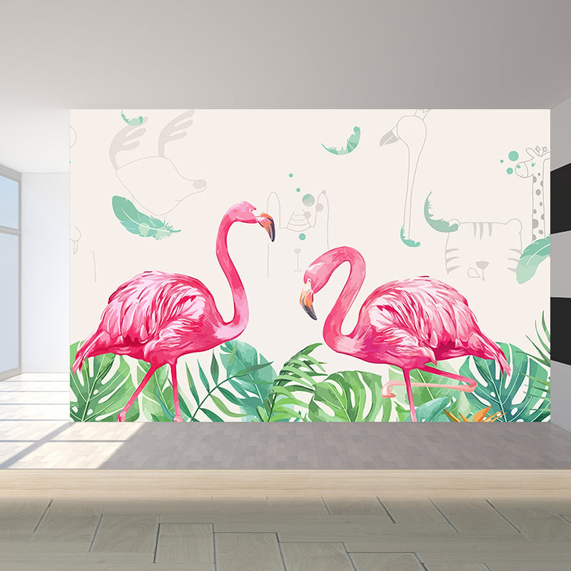 Tropical Flamingo Mural Wallpaper Non-Woven Cloth Washable Pastel Wall Art for Bedroom Beige Clearhalo 'Wall Decor' 'Wall Mural' 1699446