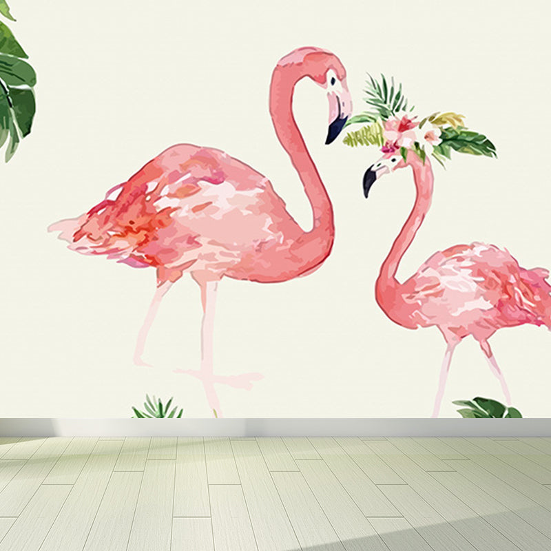 Tropical Flamingo Mural Wallpaper Non-Woven Cloth Washable Pastel Wall Art for Bedroom Beige Clearhalo 'Wall Decor' 'Wall Mural' 1699451