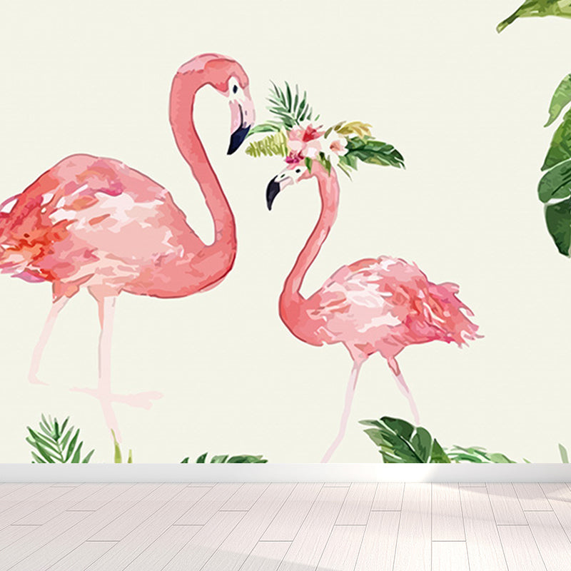 Tropical Flamingo Mural Wallpaper Non-Woven Cloth Washable Pastel Wall Art for Bedroom Clearhalo 'Wall Decor' 'Wall Mural' 1699452