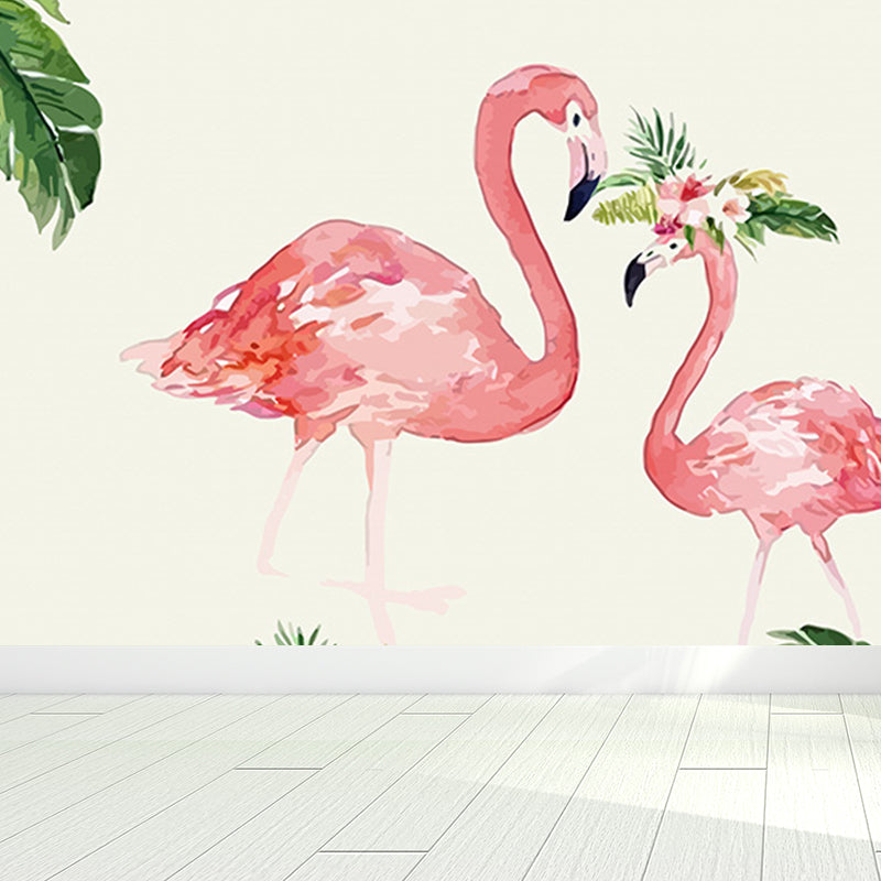 Tropical Flamingo Mural Wallpaper Non-Woven Cloth Washable Pastel Wall Art for Bedroom Clearhalo 'Wall Decor' 'Wall Mural' 1699453