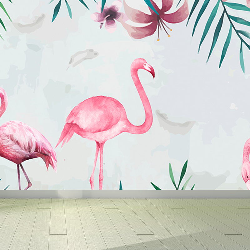 Tropical Flamingo Mural Wallpaper Non-Woven Cloth Washable Pastel Wall Art for Bedroom Light Blue Clearhalo 'Wall Decor' 'Wall Mural' 1699456