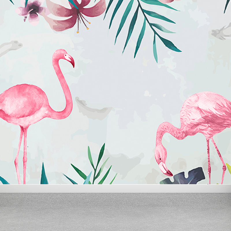 Tropical Flamingo Mural Wallpaper Non-Woven Cloth Washable Pastel Wall Art for Bedroom Clearhalo 'Wall Decor' 'Wall Mural' 1699458