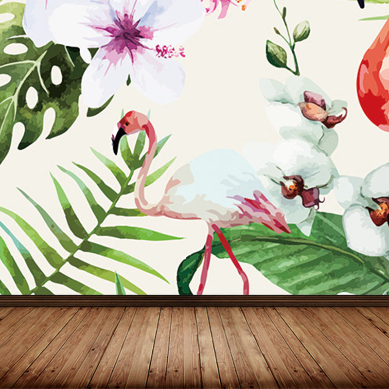 Tropical Botanics Flamingo Mural Decal for Girls Room Custom Wall Covering in Soft Color White Clearhalo 'Wall Decor' 'Wall Mural' 1699466