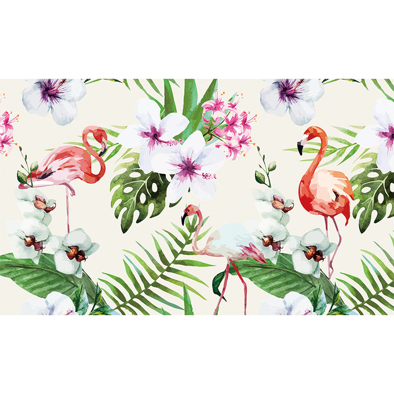 Tropical Botanics Flamingo Mural Decal for Girls Room Custom Wall Covering in Soft Color Clearhalo 'Wall Decor' 'Wall Mural' 1699469