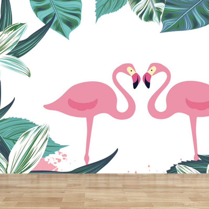 Tropical Botanics Flamingo Mural Decal for Girls Room Custom Wall Covering in Soft Color Pink Clearhalo 'Wall Decor' 'Wall Mural' 1699471