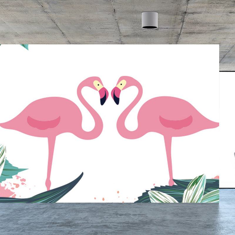 Tropical Botanics Flamingo Mural Decal for Girls Room Custom Wall Covering in Soft Color Clearhalo 'Wall Decor' 'Wall Mural' 1699472