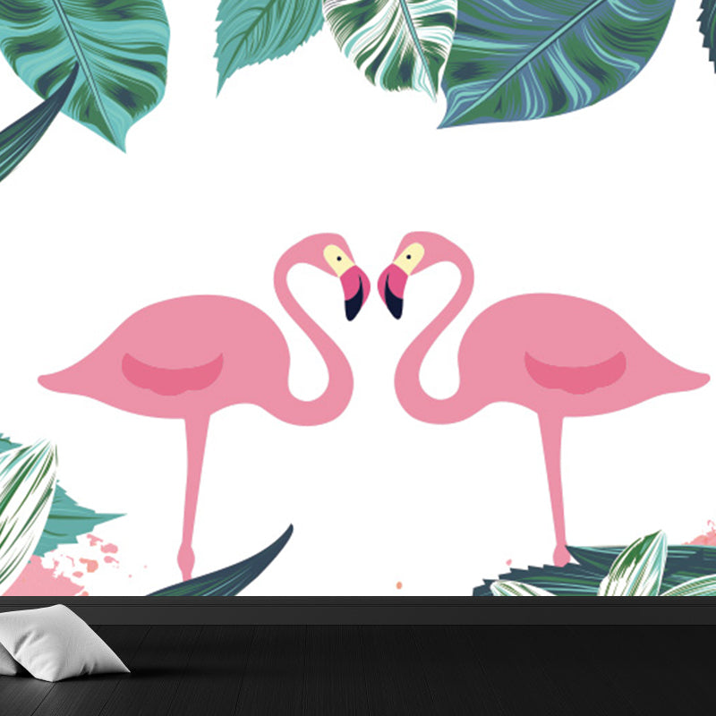 Tropical Botanics Flamingo Mural Decal for Girls Room Custom Wall Covering in Soft Color Clearhalo 'Wall Decor' 'Wall Mural' 1699473