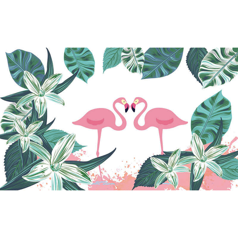 Tropical Botanics Flamingo Mural Decal for Girls Room Custom Wall Covering in Soft Color Clearhalo 'Wall Decor' 'Wall Mural' 1699474