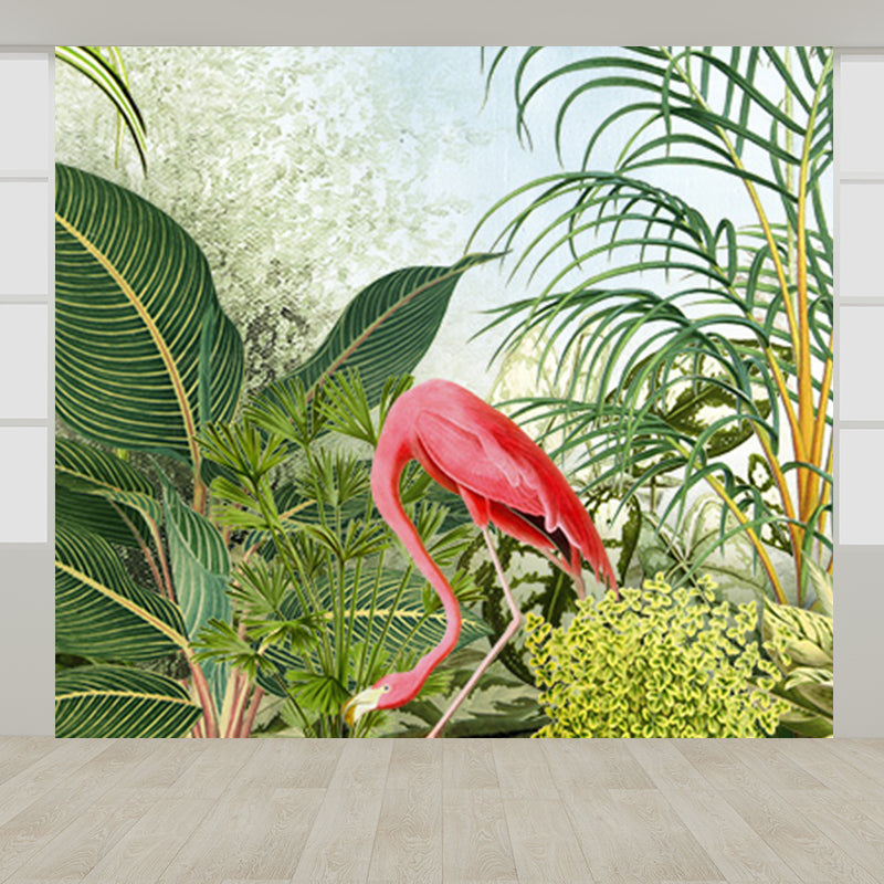 Tropical Botanics Flamingo Mural Decal for Girls Room Custom Wall Covering in Soft Color Clearhalo 'Wall Decor' 'Wall Mural' 1699478