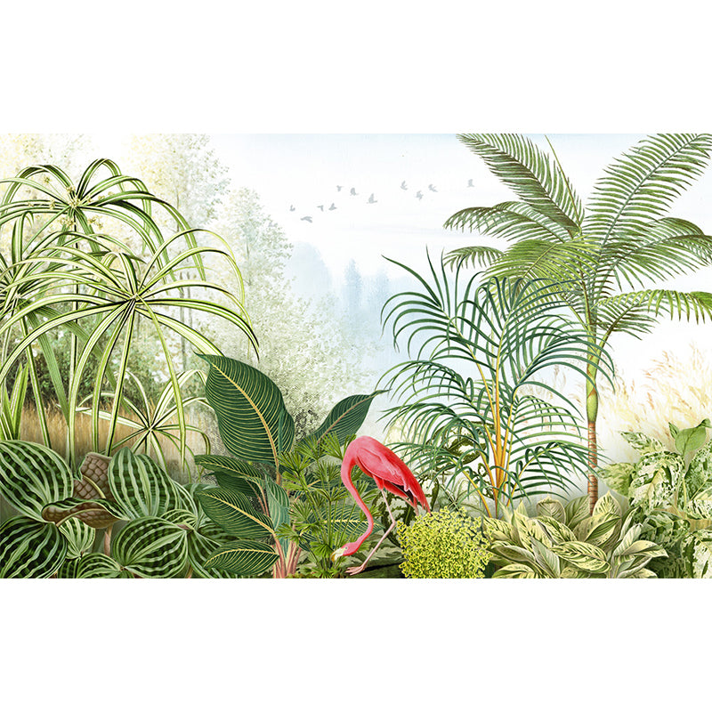 Tropical Botanics Flamingo Mural Decal for Girls Room Custom Wall Covering in Soft Color Clearhalo 'Wall Decor' 'Wall Mural' 1699479