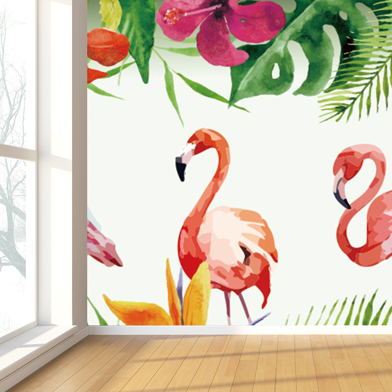 Tropical Botanics Flamingo Mural Decal for Girls Room Custom Wall Covering in Soft Color Orange Clearhalo 'Wall Decor' 'Wall Mural' 1699481