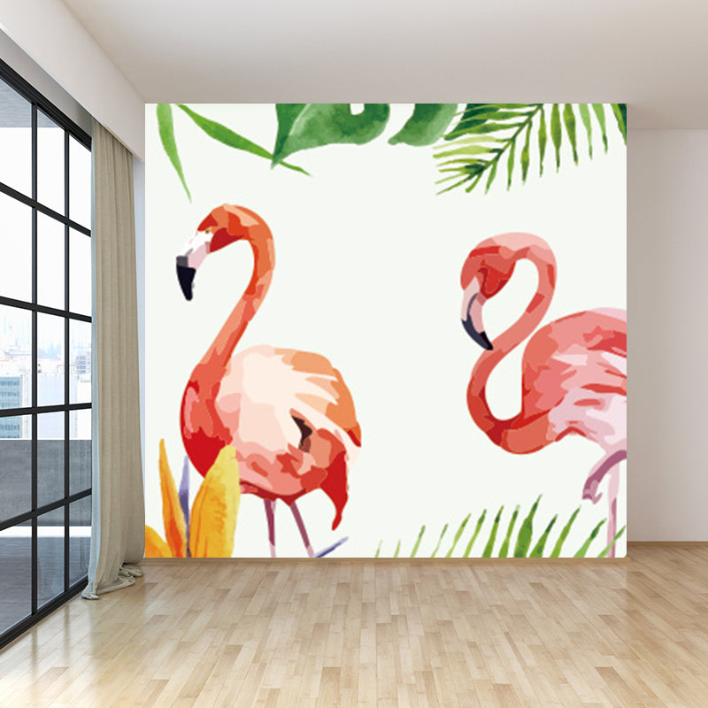 Tropical Botanics Flamingo Mural Decal for Girls Room Custom Wall Covering in Soft Color Clearhalo 'Wall Decor' 'Wall Mural' 1699482