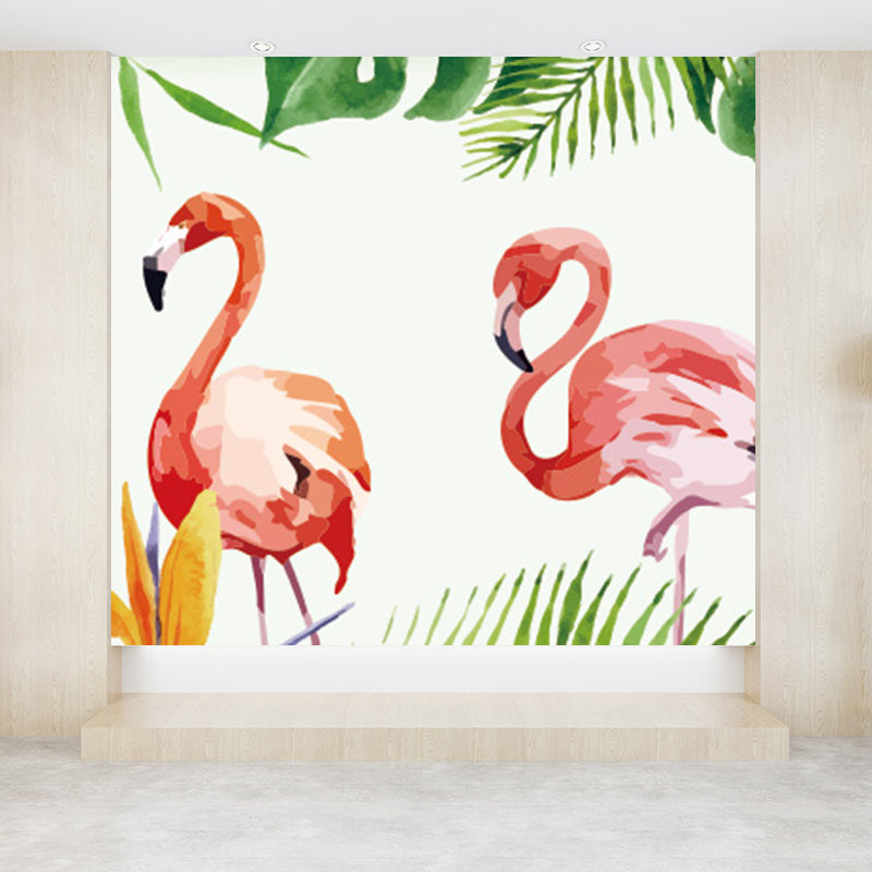 Tropical Botanics Flamingo Mural Decal for Girls Room Custom Wall Covering in Soft Color Clearhalo 'Wall Decor' 'Wall Mural' 1699483