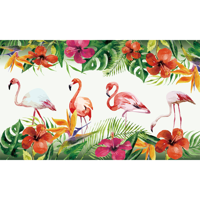 Tropical Botanics Flamingo Mural Decal for Girls Room Custom Wall Covering in Soft Color Clearhalo 'Wall Decor' 'Wall Mural' 1699484