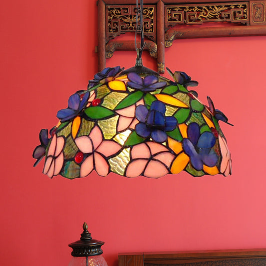 1 Head Leaf/Grape/Flower Down Lighting Tiffany-Style Black Stained Art Glass Pendant Light Fixture Black Flower Clearhalo 'Ceiling Lights' 'Industrial' 'Middle Century Pendants' 'Pendant Lights' 'Pendants' 'Tiffany close to ceiling' 'Tiffany Pendants' 'Tiffany' Lighting' 169958