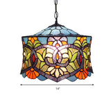 Victorian Style Light Fixtures over Table, Adjustable Stained Glass Drum Pendant Lighting for Dining Room, 14" W Clearhalo 'Ceiling Lights' 'Close To Ceiling Lights' 'Industrial' 'Middle Century Pendants' 'Pendant Lights' 'Pendants' 'Tiffany close to ceiling' 'Tiffany Pendants' 'Tiffany' Lighting' 170064