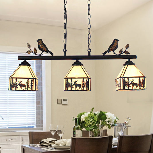 Rustic Lodge Deer Island Lighting with Bird Decoration 3 Lights Stained Glass Pendant Light Beige Clearhalo 'Ceiling Lights' 'Chandeliers' 'Close To Ceiling Lights' 'Glass shade' 'Glass' 'Island Lights' 'Tiffany close to ceiling' 'Tiffany' Lighting' 170218