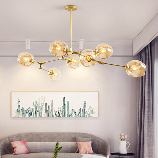 Simplicity 7 Lights Chandelier Light Gold Branch Ceiling Suspension Lamp with Amber Glass Shade Gold Clearhalo 'Ceiling Lights' 'Chandeliers' 'Glass shade' 'Glass' 'Modern Chandeliers' 'Modern' Lighting' 170393