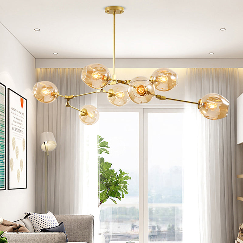 Simplicity 7 Lights Chandelier Light Gold Branch Ceiling Suspension Lamp with Amber Glass Shade Clearhalo 'Ceiling Lights' 'Chandeliers' 'Glass shade' 'Glass' 'Modern Chandeliers' 'Modern' Lighting' 170394