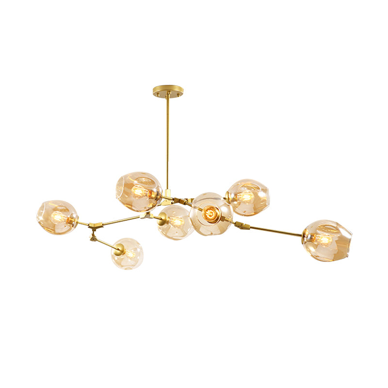 Simplicity 7 Lights Chandelier Light Gold Branch Ceiling Suspension Lamp with Amber Glass Shade Clearhalo 'Ceiling Lights' 'Chandeliers' 'Glass shade' 'Glass' 'Modern Chandeliers' 'Modern' Lighting' 170395