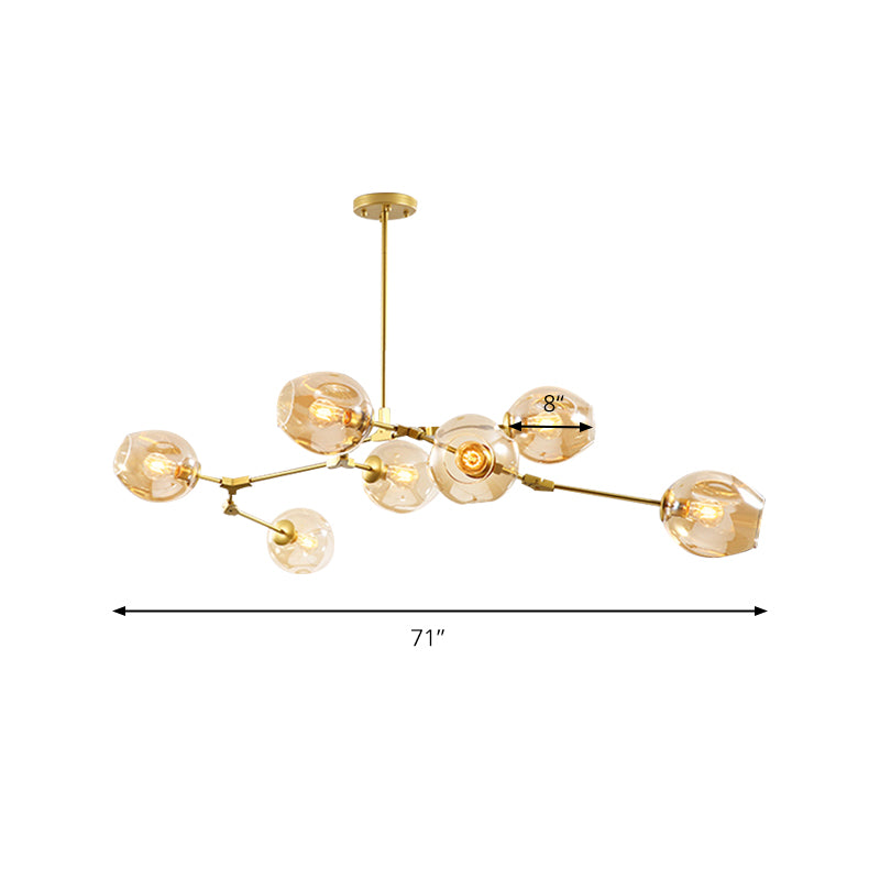 Simplicity 7 Lights Chandelier Light Gold Branch Ceiling Suspension Lamp with Amber Glass Shade Clearhalo 'Ceiling Lights' 'Chandeliers' 'Glass shade' 'Glass' 'Modern Chandeliers' 'Modern' Lighting' 170396