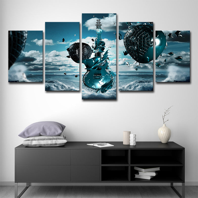 Sky Frozen Guitar Canvas Print Blue Modern Style Wall Art Decor for Boys Bedroom Blue Clearhalo 'Art Gallery' 'Canvas Art' 'Contemporary Art Gallery' 'Modern' Arts' 1704259