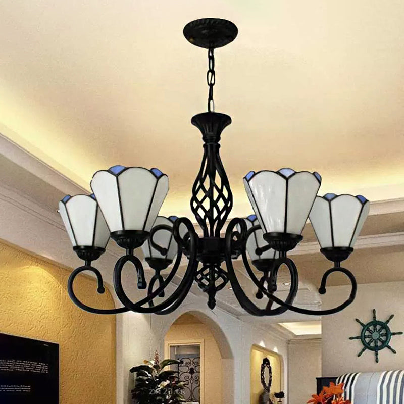 Chandelier Living Room Lamps, 6-Light Floral Ceiling Fixture in White with Adjustable Chain and Art Glass Shade Tiffany Style Clearhalo 'Ceiling Lights' 'Chandeliers' 'Industrial' 'Middle Century Chandeliers' 'Tiffany Chandeliers' 'Tiffany close to ceiling' 'Tiffany' Lighting' 170430