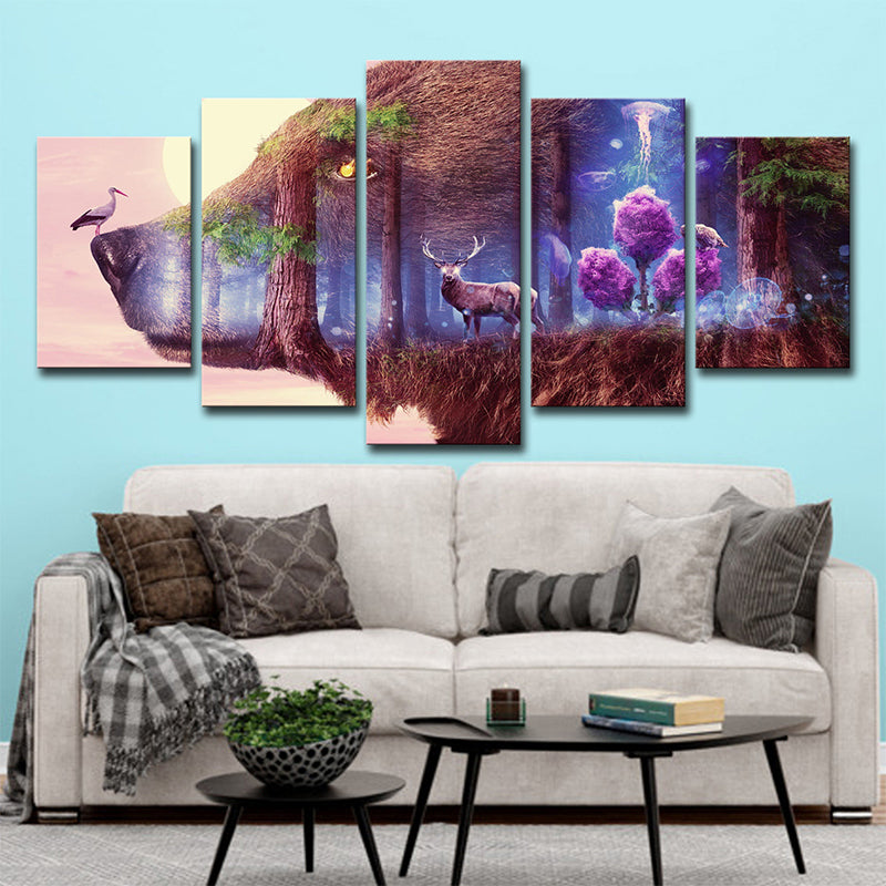 Purple Deer and Wolf Canvas Multi-Piece Modern Style Sitting Room Wall Art Clearhalo 'Art Gallery' 'Canvas Art' 'Contemporary Art Gallery' 'Modern' Arts' 1704372