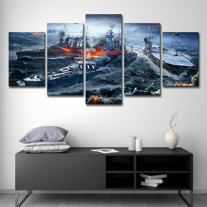 Modern Game Scene Warship Canvas Blue Multi-Piece Wall Art Print for Boys Bedroom Blue Clearhalo 'Art Gallery' 'Canvas Art' 'Contemporary Art Gallery' 'Modern' Arts' 1704378