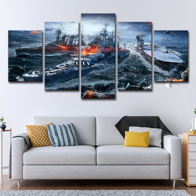 Modern Game Scene Warship Canvas Blue Multi-Piece Wall Art Print for Boys Bedroom Clearhalo 'Art Gallery' 'Canvas Art' 'Contemporary Art Gallery' 'Modern' Arts' 1704379