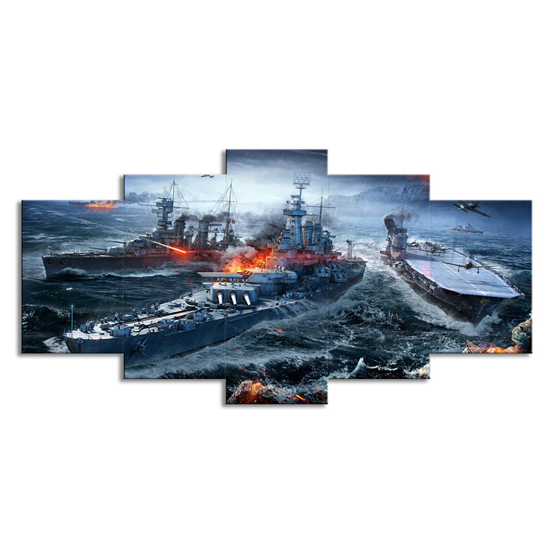 Modern Game Scene Warship Canvas Blue Multi-Piece Wall Art Print for Boys Bedroom Clearhalo 'Art Gallery' 'Canvas Art' 'Contemporary Art Gallery' 'Modern' Arts' 1704381